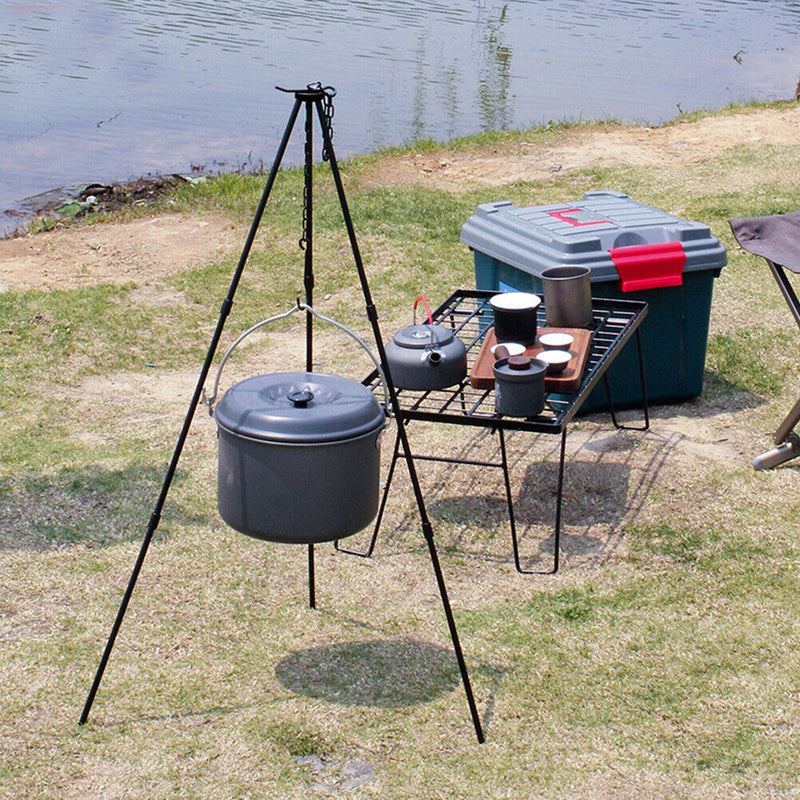 Camping Tripod Hanging Pot Campfire Cookware Pot Grill Hook Holder (Black) Newly