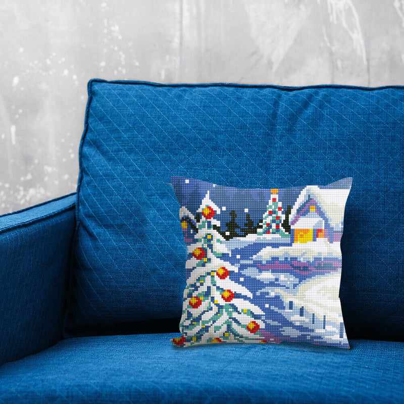 Snow Scene Stamped DIY Cross Stitch Throw Pillowcase 6CT Kit for Car Office Sofa