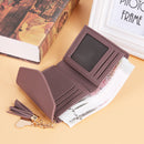 Women PU Leather Short Folding Wallet Tassel Card Coin Purse(Bean Red)