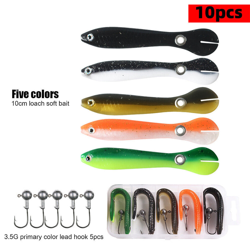5pcs 10cm 6g Artificial Soft Loach Fishing Lures Crankbait + 5pcs Barbed Ho