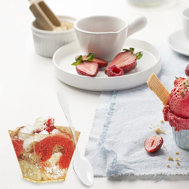 50pcs Dessert Bowl Golden Dot Cake Cup with Spoon Set for Tasting Pudding Yogurt