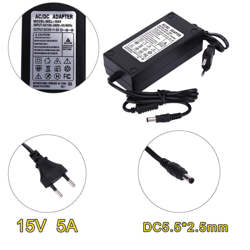 15V 5A AC to DC Power Adapter Dual Cable Converter Universal 5.5x2.1-2.5mm