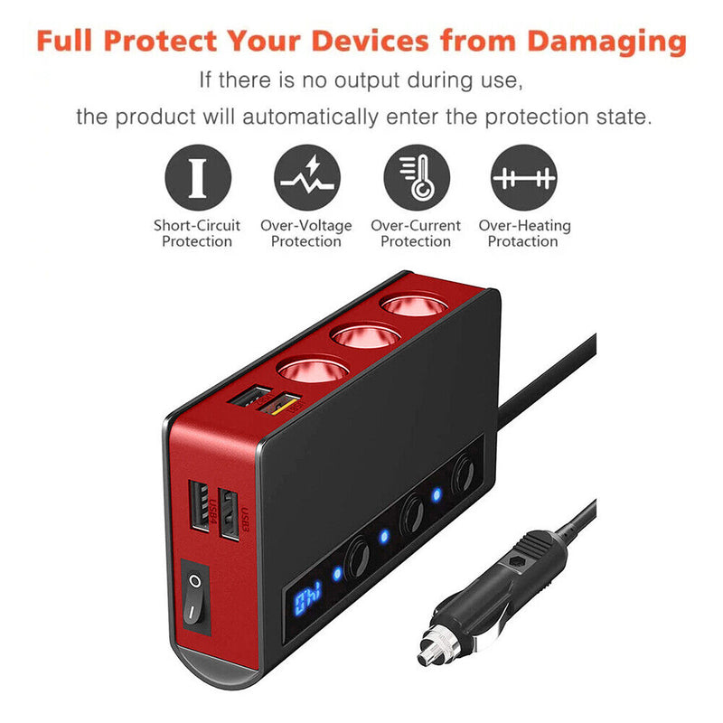QC3.0 Cigarette Lighter 3 Socket 180W Power Adapter USB Car Charger (Red) Newly