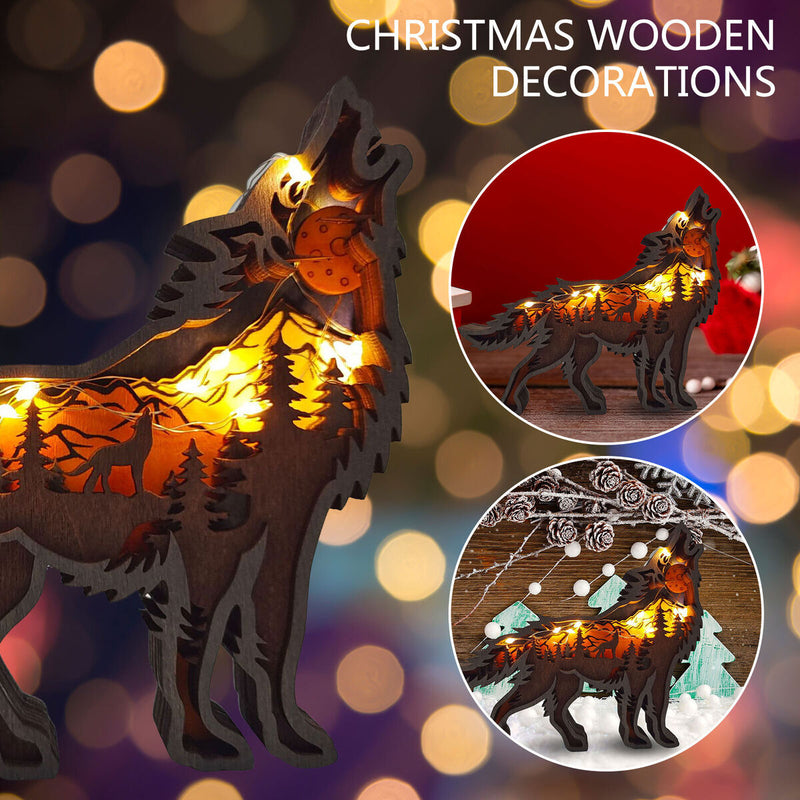 Wooden Ornaments Hollow Multi-Layer Animal Scene Display with Light (Wolf) Newly