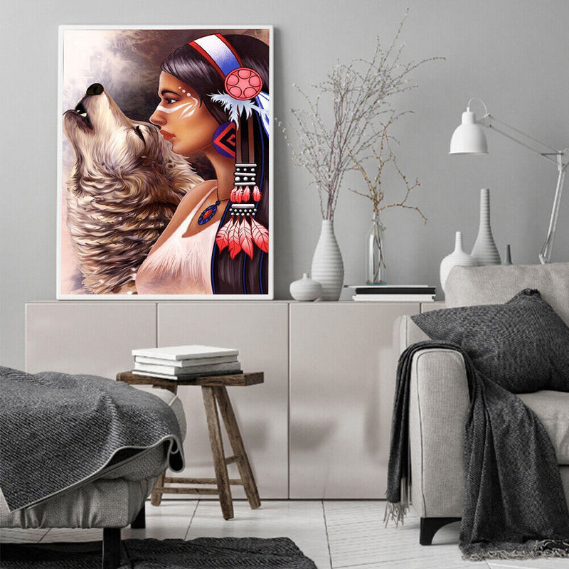 DIY Hand Painted Paint By Numbers Oil Canvas Pictures Aboriginal Girl Wolf Kit
