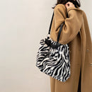 Women Fashion Zebra Stripes Cow Print Shoulder Bags Winter Plush Shopping Bag