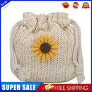 Women Drawstring Shoulder Bag Sunflower Straw Small Crossbody Pouch (White)