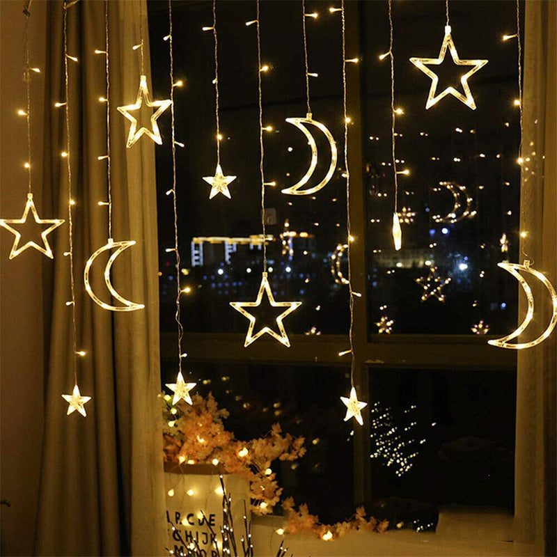 LED Star Moon Curtain Lamp Fairy String Light Festival Home Decor (White) Newly