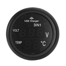 3 in 1 12/24V Car Auto LED Digital Voltmeter Gauge+Thermometer+USB Charger Blue