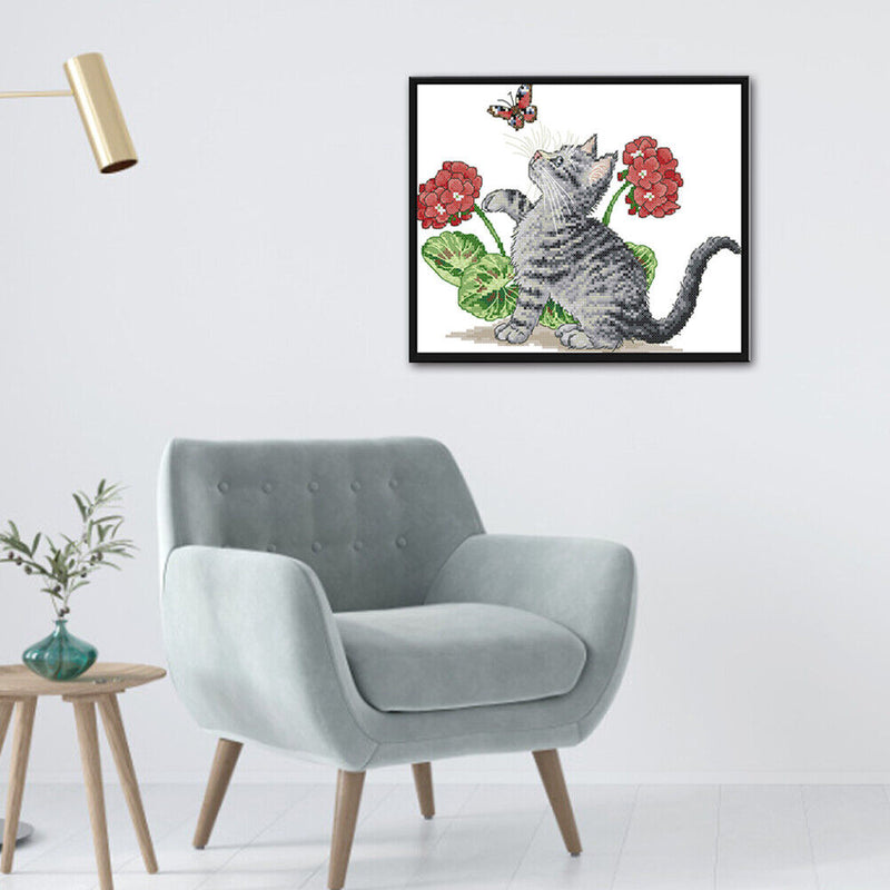 14CT Printed Partial Cross Stitch Handcraft Flower Cat Artwork Wall Decor