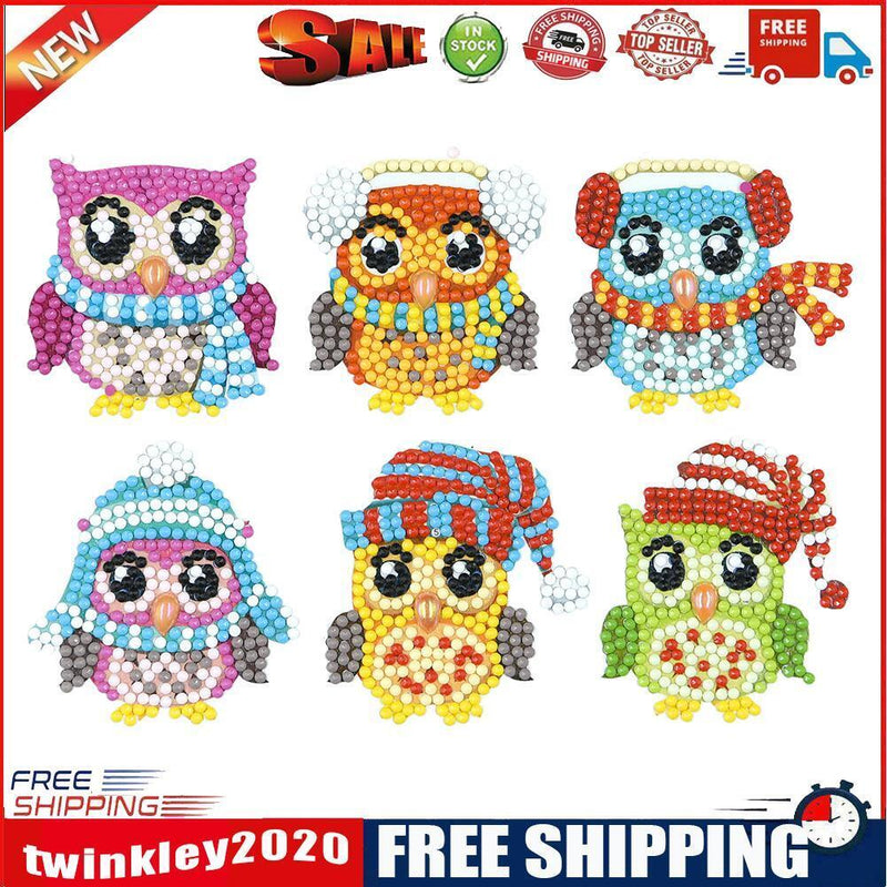 6pcs Adhesive Stickers Owls DIY Round Diamond Decor DIY Mosaic Painting Kit