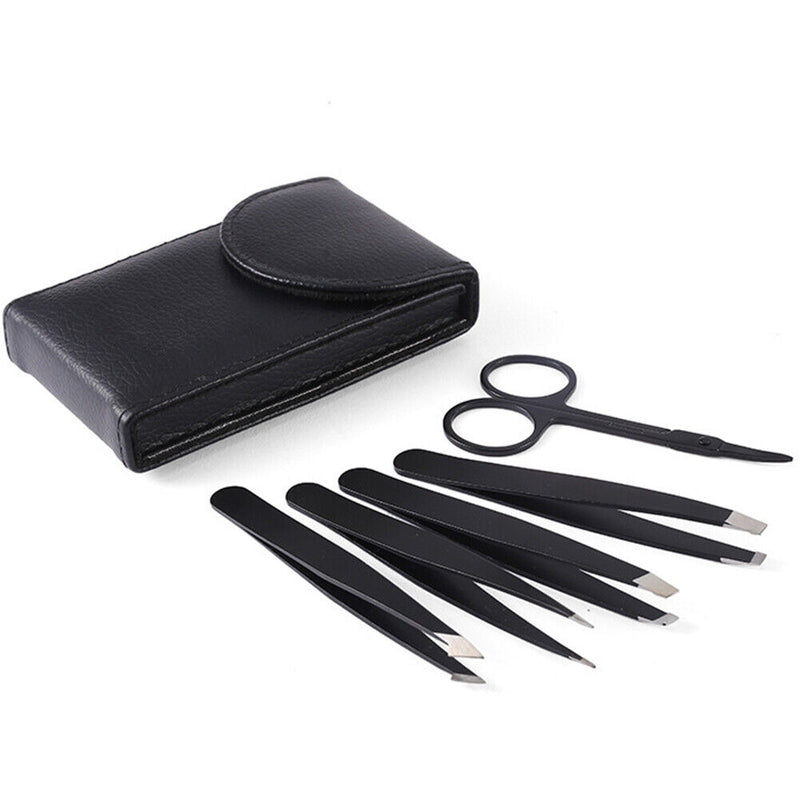 Eyebrow Tweezer Stainless Steel Point Tip with Storage Bag Tool Set (Black)