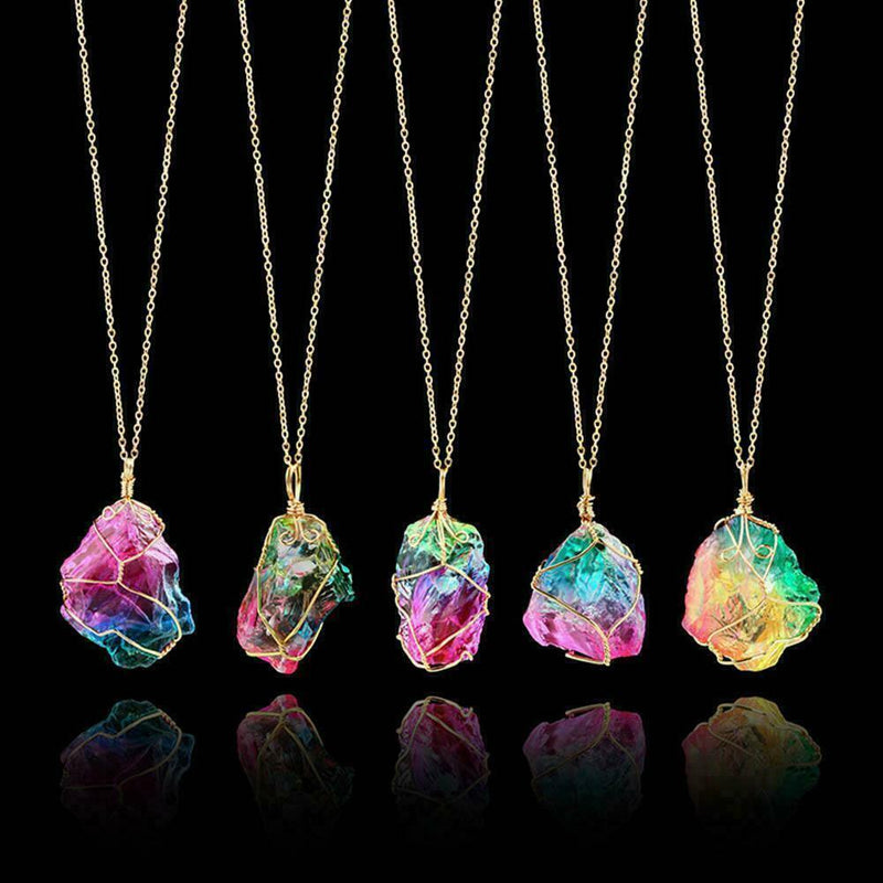 Rainbo Aura Quartz Crystal Pendulum Necklace Pendant B1T3 Crystal Chakra E6H6