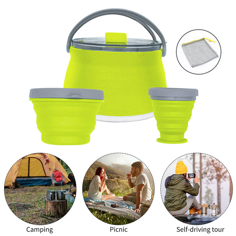 3pcs Silicone Folding Kettle Cup Set Portable Collapsible Tableware (Green)