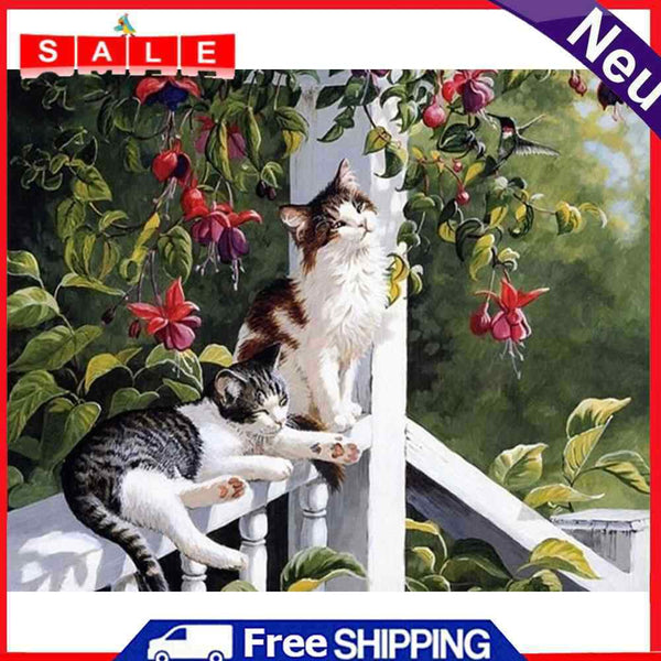 Frameless Oil Painting Picture By Number Cats On the Railing Hand Painted Craft