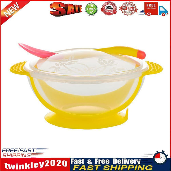 Temperature Sensing Baby Suction Cup Bowl Training Bowl Spoon Set (Yellow) Newly