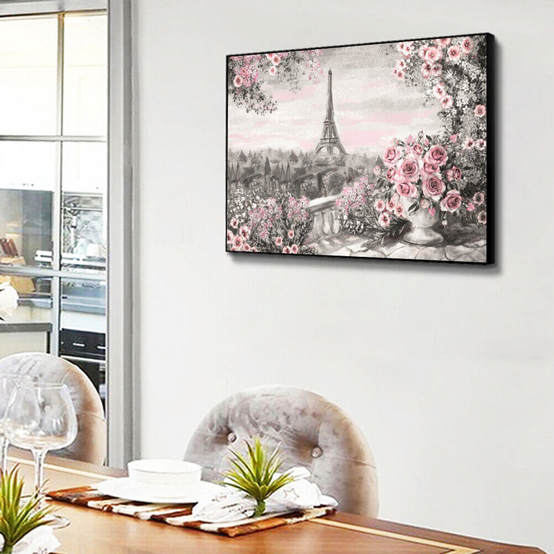 DIY Paint By Number Kit Iron Tower Pink Flowers No Frame Home Decoration