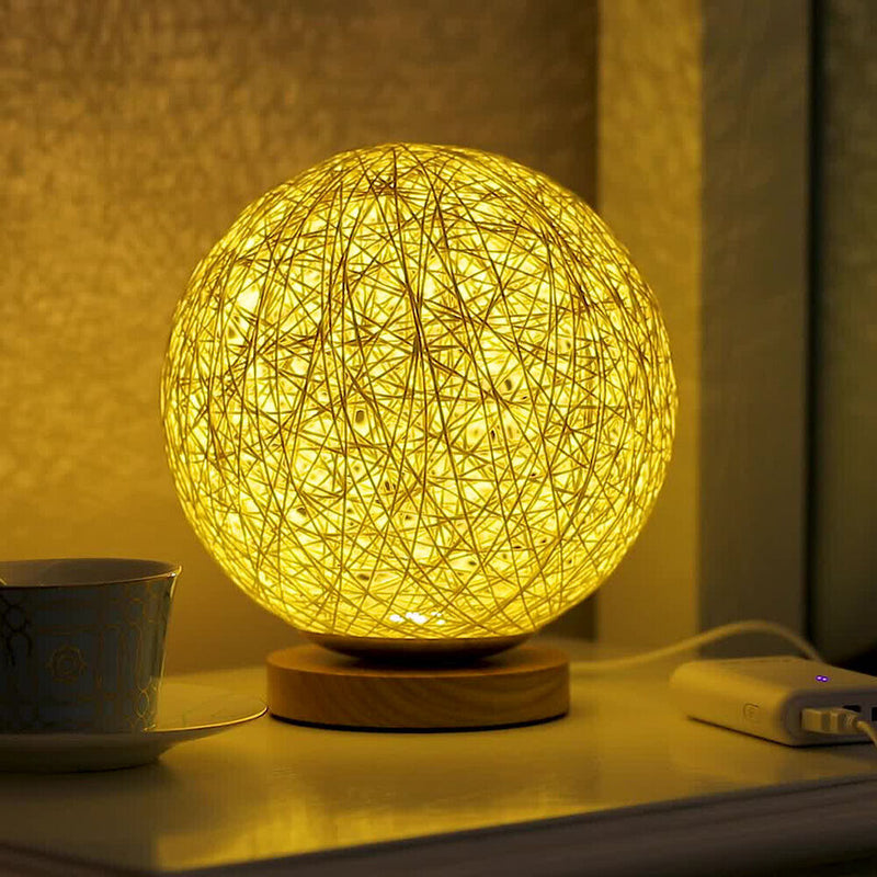 Wooden Table Lamp USB Rattan Ball Bedroom Living Room Bedside Night Lights Newly