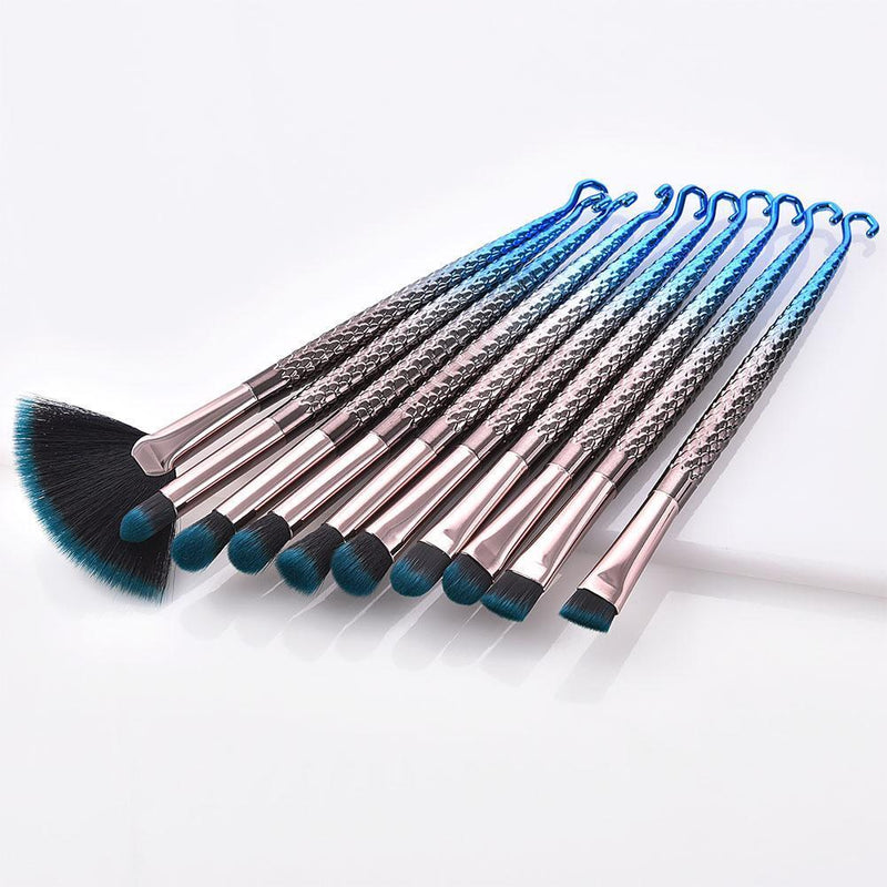 10pcs Mermaid Fish Hook Fan Shaped Foundation Powder Makeup Brushes Set(A)
