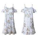 Floral Print Ruffles Knee-length Dress Women Backless Halter Dress(White L)