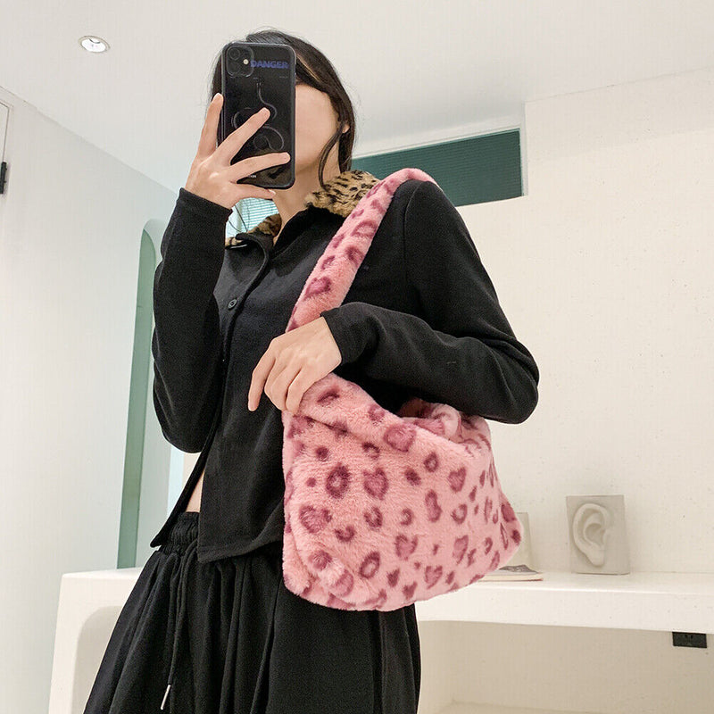 Women Leopard Plush Underarm Bags Winter Fluffy Handbags Ladies Party Clutches