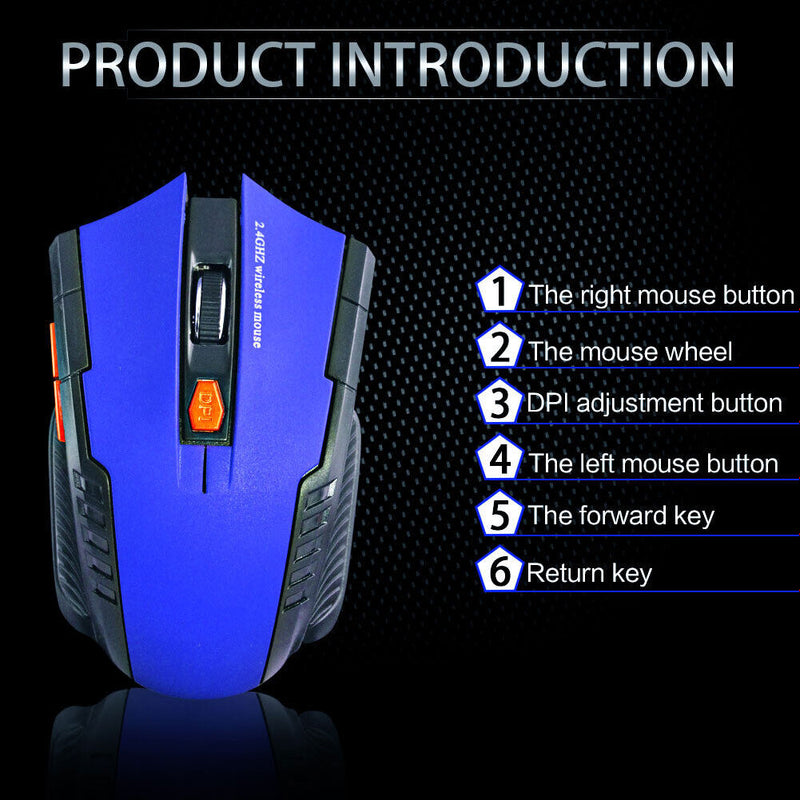 USB Wireless Mouse 1600DPI Adjustable Receiver 2.4GHz Mice for PC (Blue)