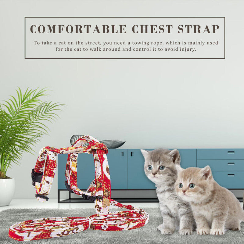 Adjustable Cat Traction Rope Japanese Print Chest Strap for Pet Outdoor Walking