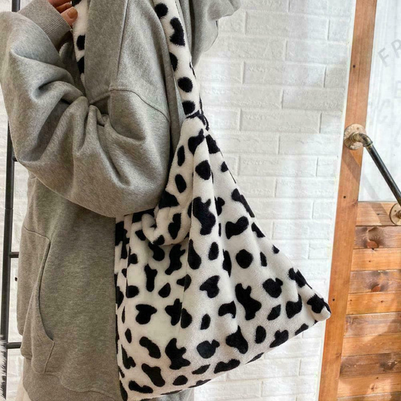 1*Retro Cow Print Plush Women Fashion Big Capacity Shoulder V3J3 Handbag Z5X0
