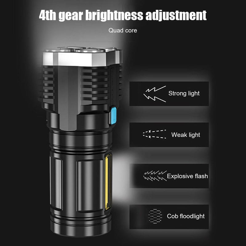 4 LED + COB Beads Strong Flashlight USB Charging Power Indicator Portable Pockets