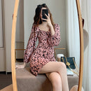 Square Low Collar Dress Women Puff Sleeves Leopard Print Tunic Summer Dresses