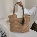 Female Large Capacity Woven Portable Shoulder Bag Handmade Straw Tote Handbag