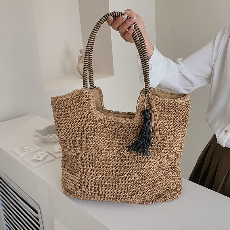 Female Large Capacity Woven Portable Shoulder Bag Handmade Straw Tote Handbag