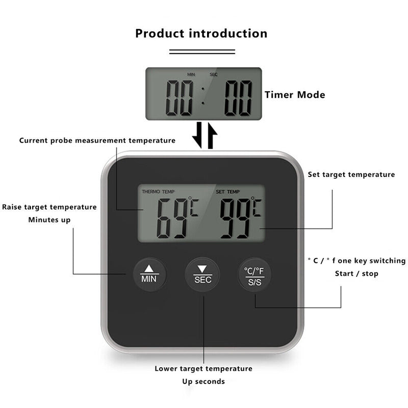Digital Cook Food Temperature Meter Barbecue Sensor with Probe Tool (Black)