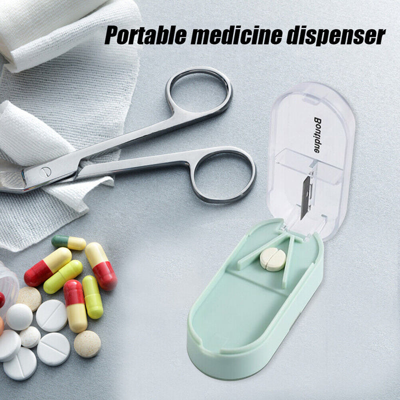 Portable Medicine Organizer Case Rectangular Pill Cutter Storage Box Containe