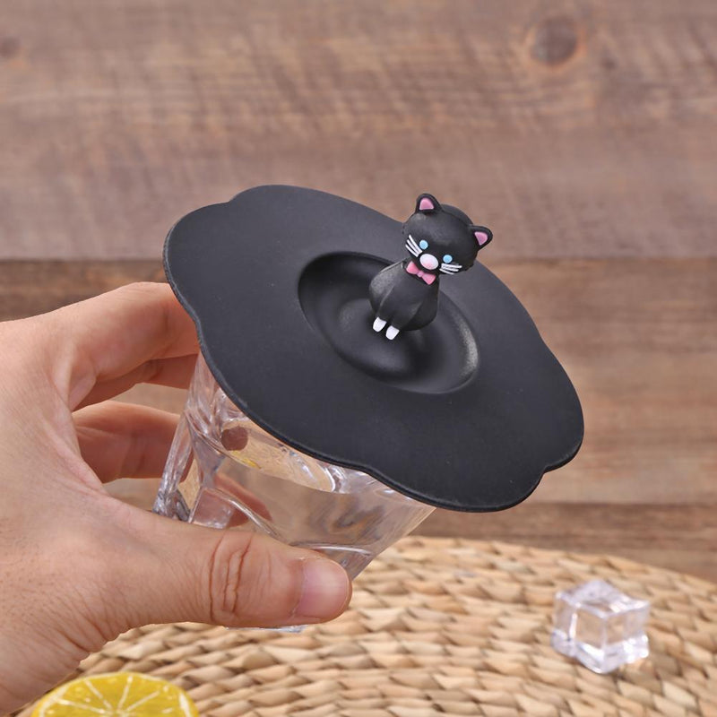 5pcs Silicone Cup Cover Heat-resistant Leak Proof Cartoon Lid (Black Cat)