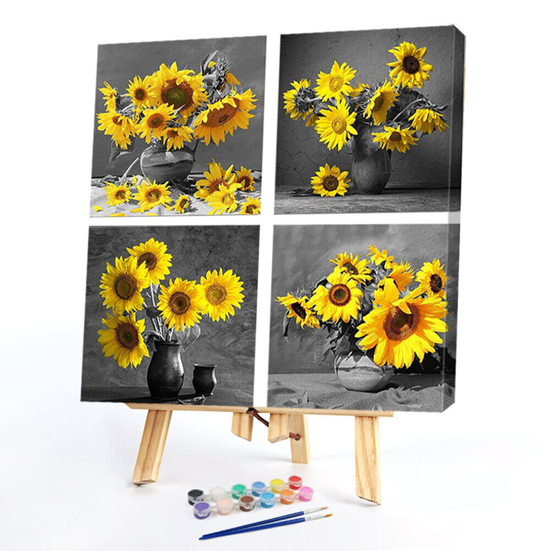 DIY Hand Painted 4 Panel Paint By Numbers Oil Canvas Pictures Sunflower Kit Gift