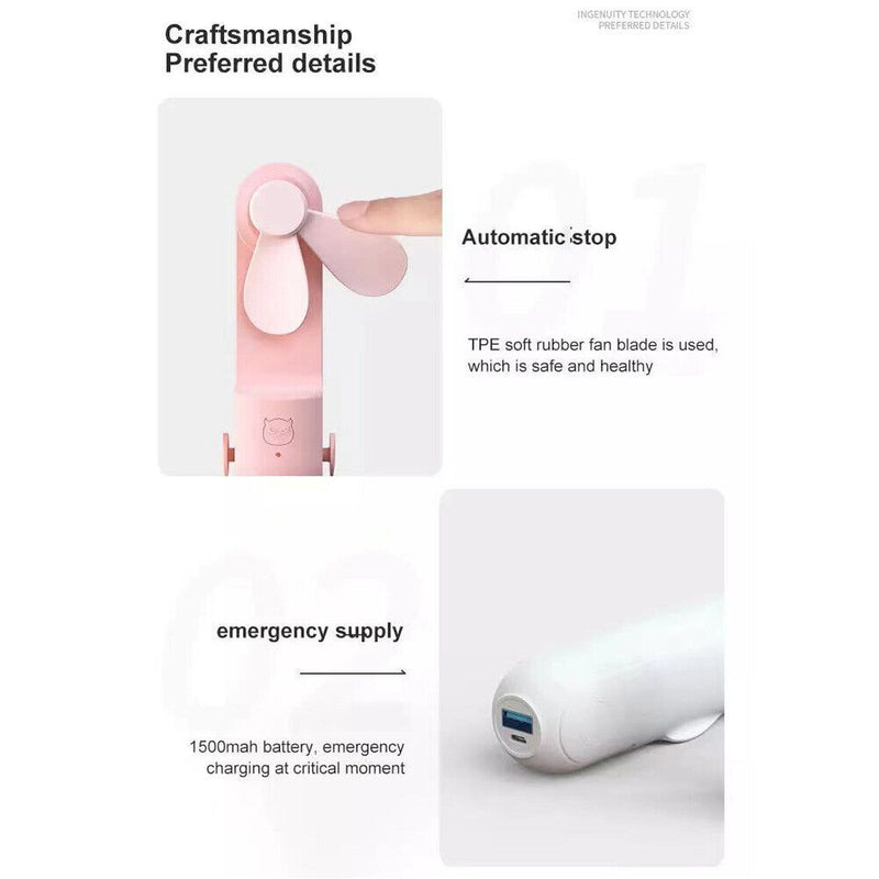 Pocket Fan USB Rechargeable Folding Fan 2000mAh Power Bank Function (White)