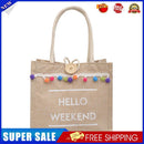 Fashion Linen Tote Handbag Women Pompom Shoulder Shopping Lunch Bag (White)