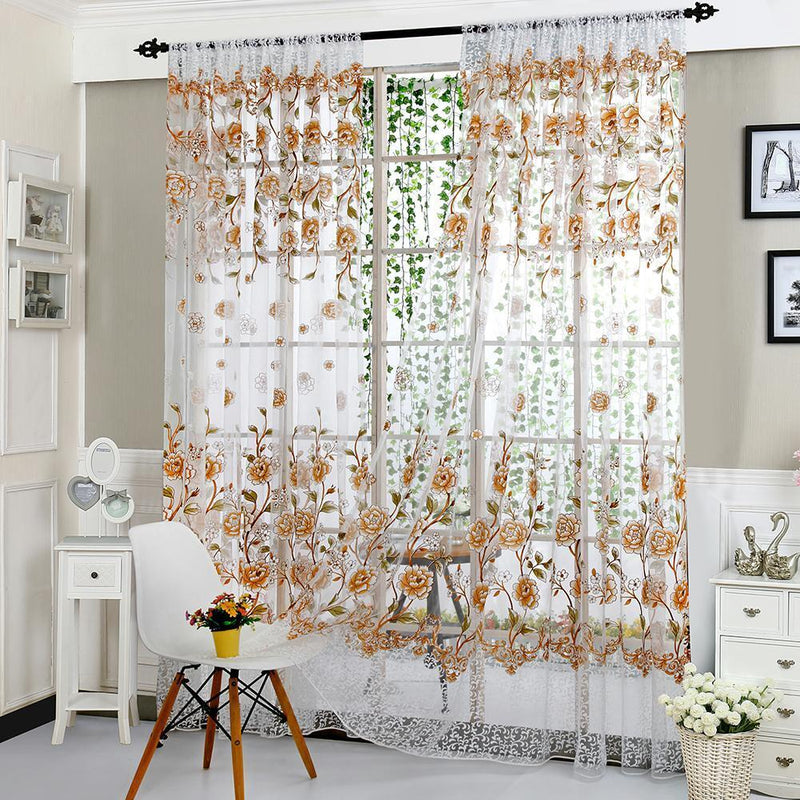 4pcs Peony Curtain Living Room Bedroom Home Door Window Curtain (Coffee)