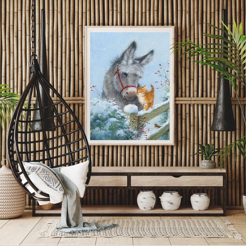 Donkey and Kitten Snow Oil Paint By Numbers Kits Canvas Wall DIY Picture