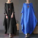 Plus Size Batwing Sleeve Rope Pure Color Linen Women Maxi Dress (Black 2XL)
