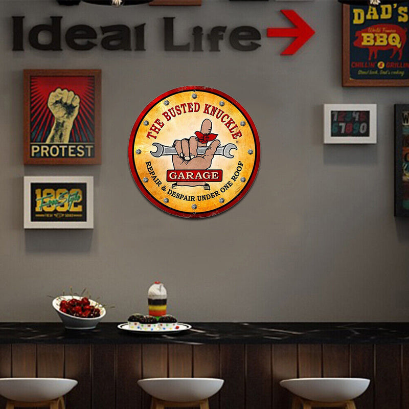 Busted Knuckle Garage Round Retro Metal Plate Tin Sign for Bar Club Home Decor