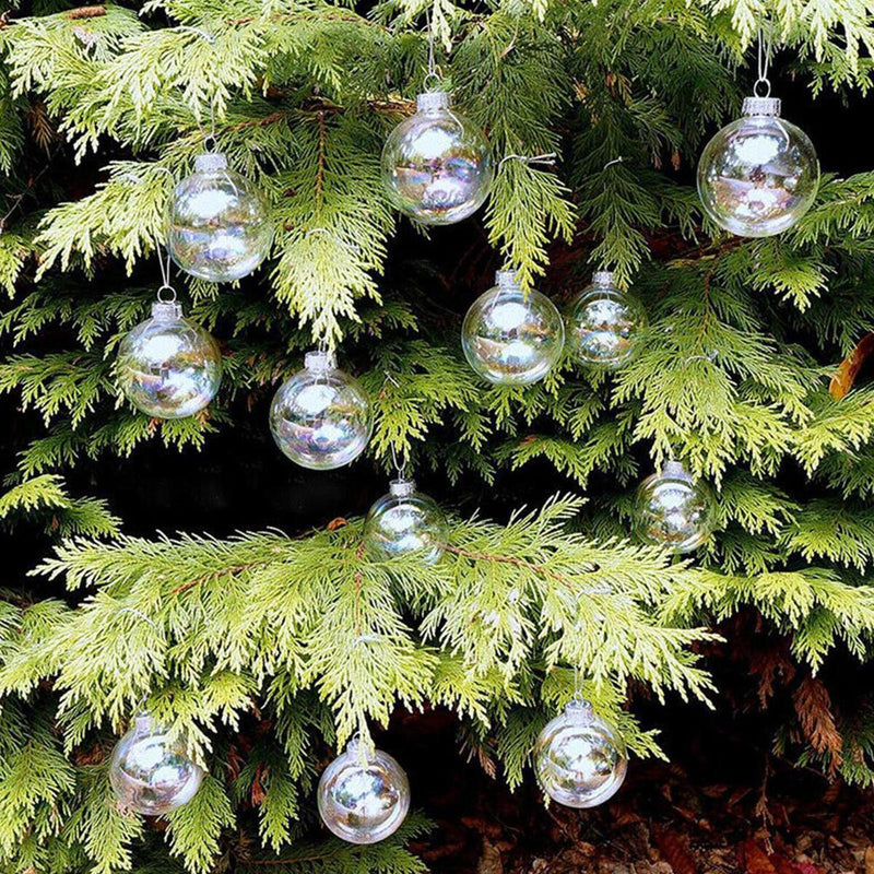 10cm Clear Iridescent Glass Fillable Baubles Balls Christmas Tree Ornaments`