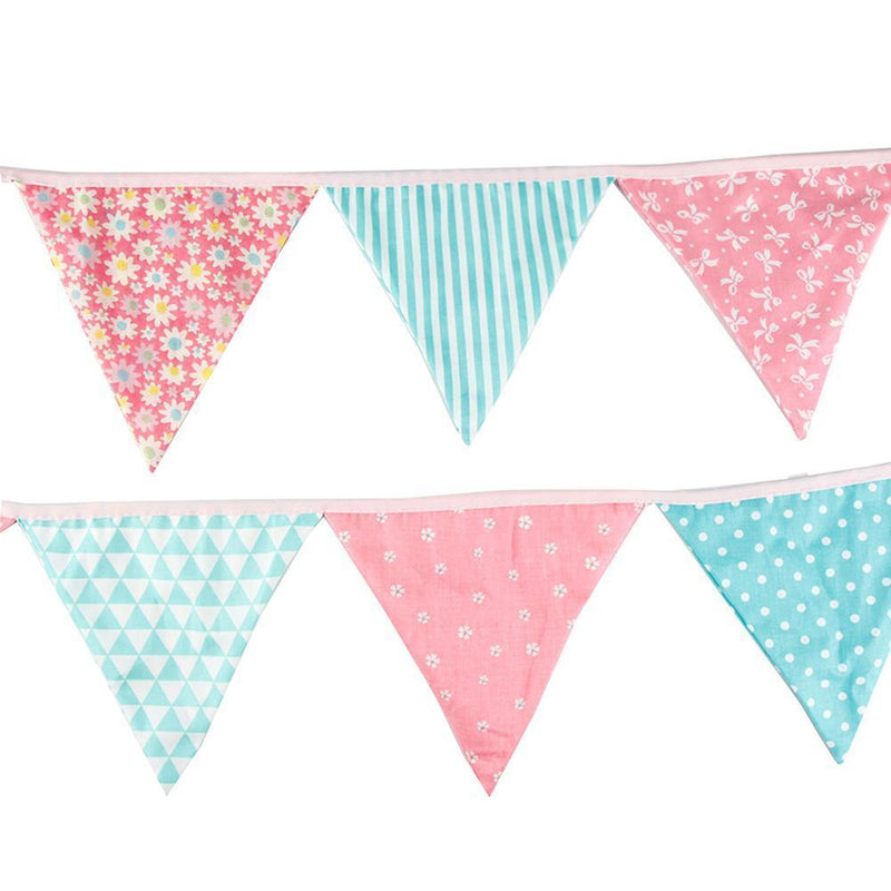 12 Flags Pink Blue Floral Cotton Fabric Bunting Pennant Banner Birthday