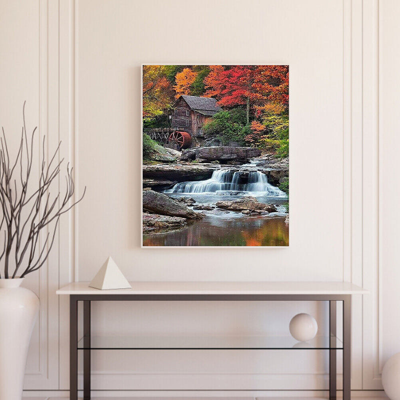 Hut by Waterfall Oil Paint By Numbers DIY Handpainted on Canvas Wall Art
