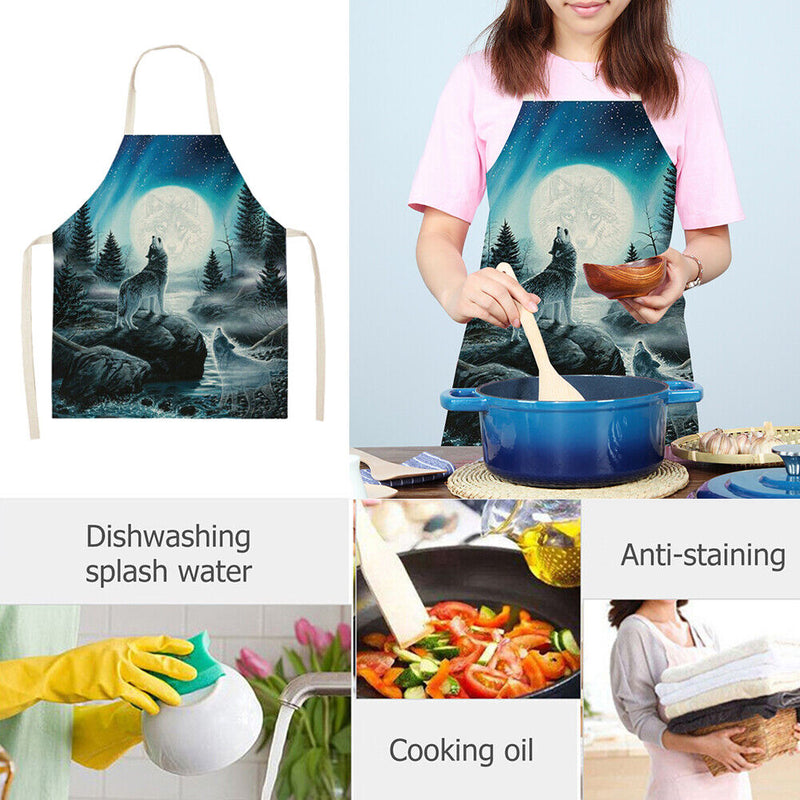 Kitchen Aprons for Women Men Household Baking Night Wolf Linen Cook Tablier