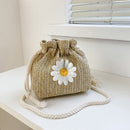 Straw Shoulder Bags Sunflower Drawstring Woven Bucket Crossbody Handbags