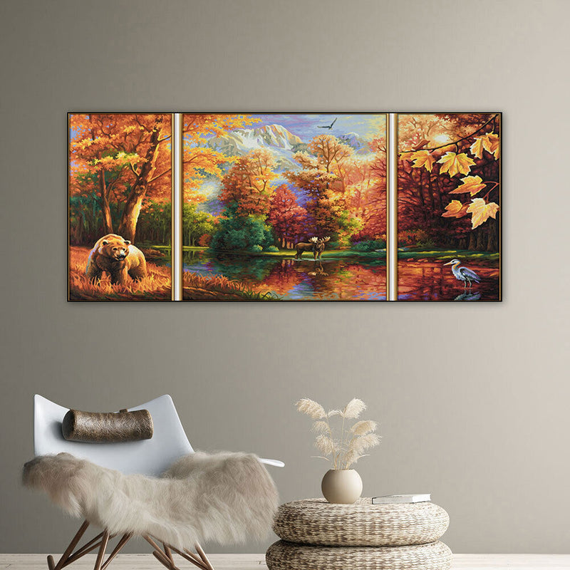 3 Panels Fall Forest Animals Oil Paint By Numbers Kits DIY Handpainted on Canvas