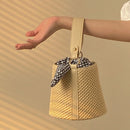Women Beach Bag Straw Woven Plaid Bowknot Bucket Crossbody Barrel Handbag Purse