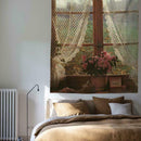Rustic Microfiber Wide Tapestry Old Window and Flowers K3C6